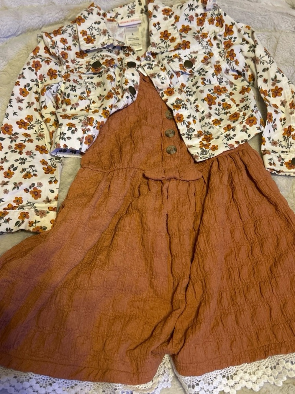 Little Lass Rust Orange Dress with White Floral Jacket